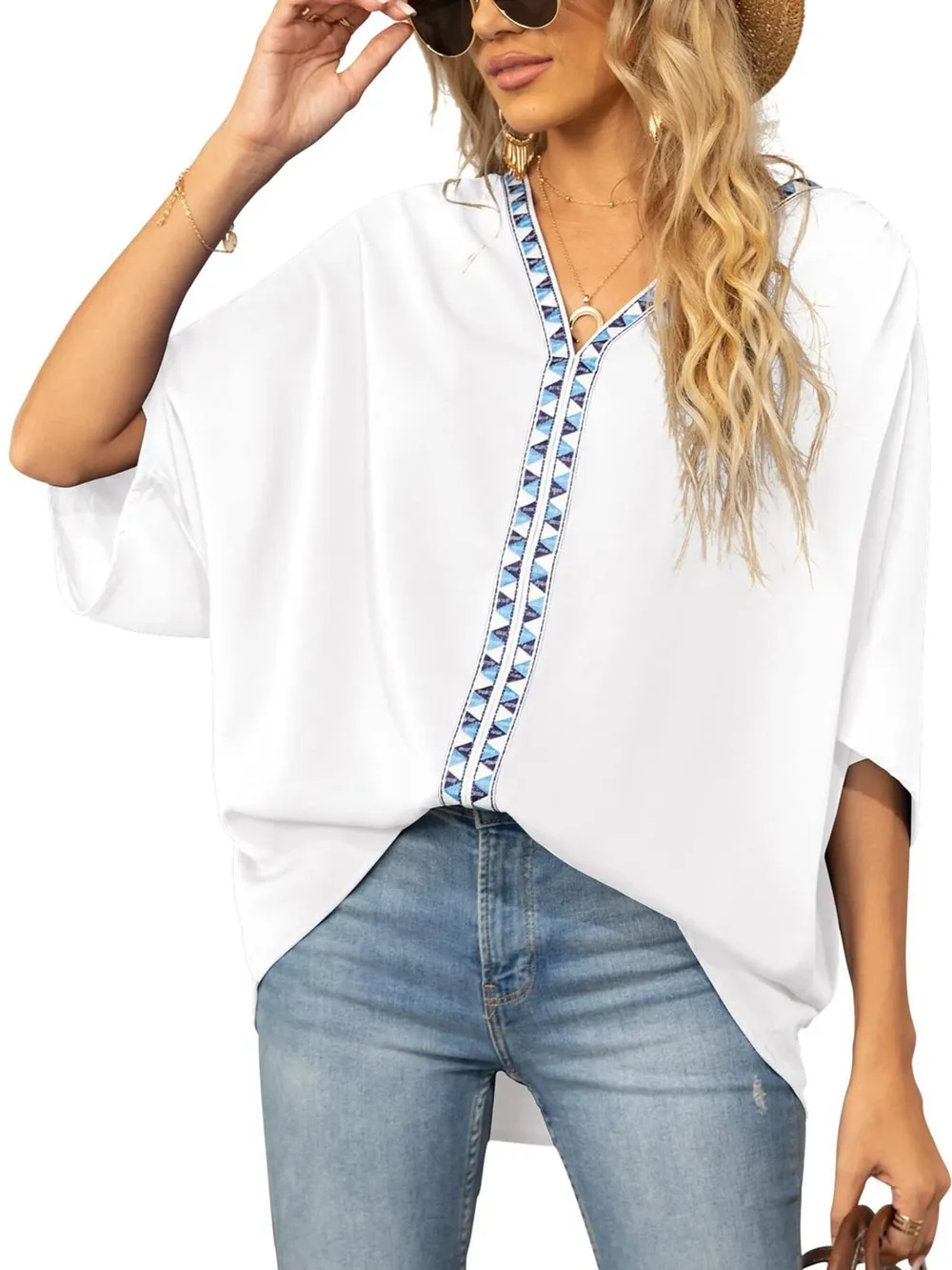 Oversized Contrast V-Neck Half Sleeve Blouse, image 4