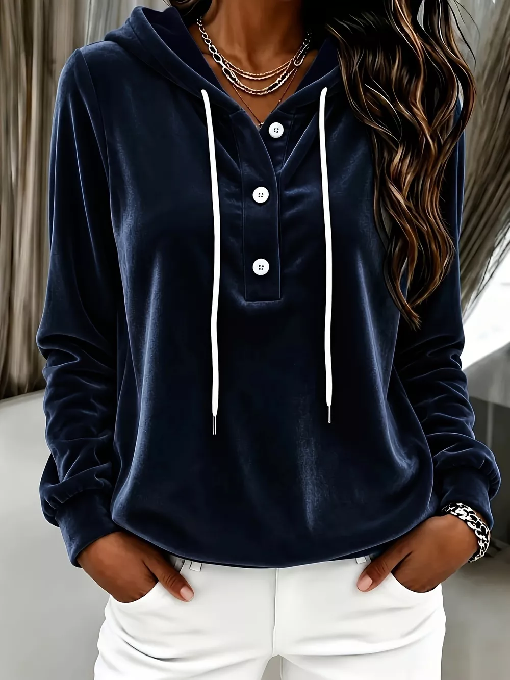 Full Size Drawstring Button Detail Hoodie Plus Size, image 9