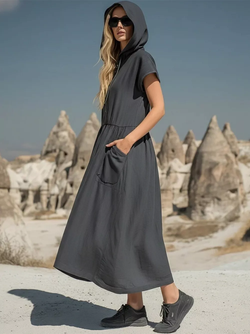 Full Size Hooded Midi Dress with Zipper and Pockets Plus Size, image 4