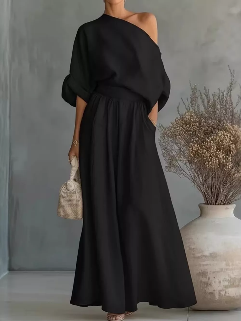 Full Size One Shoulder Top and Wide Leg Pants Set Plus Size, image 3