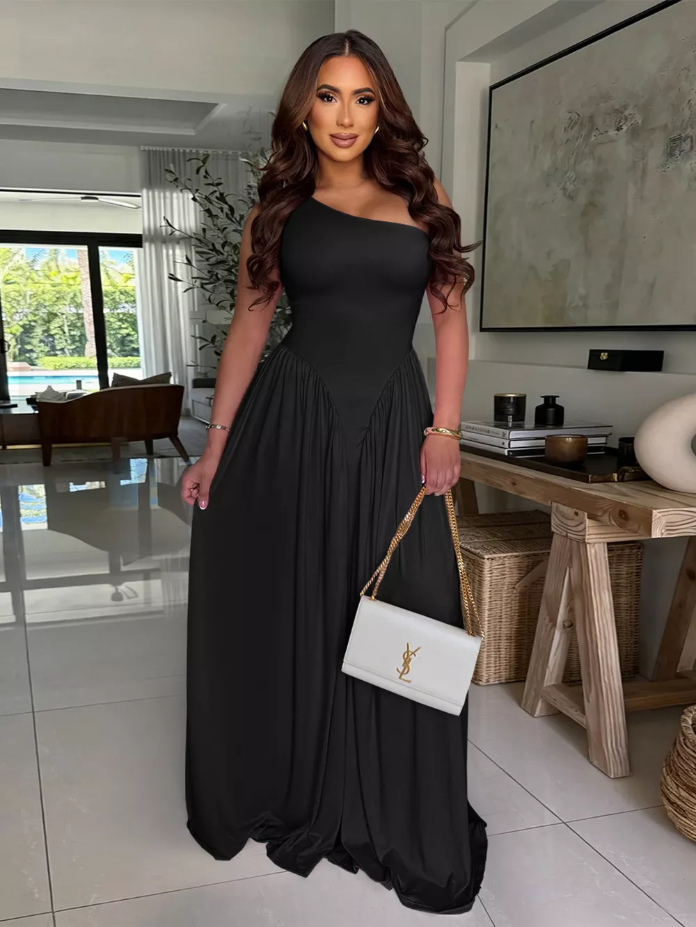 Ruched One-Shoulder Maxi Dress, image 2