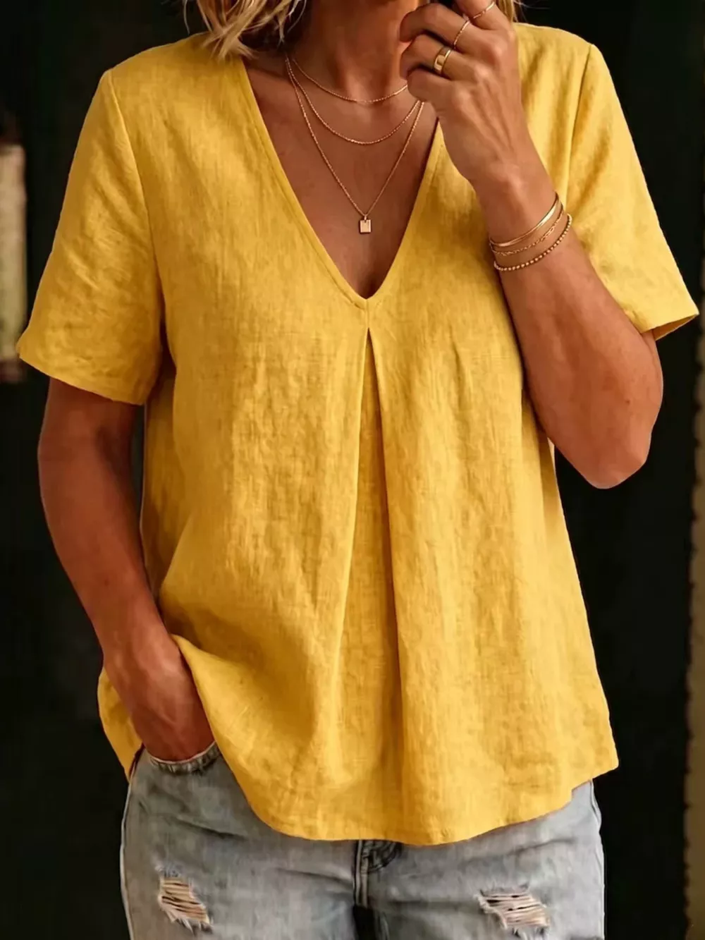 Full Size V-Neck Pleated Short Sleeve Blouse Plus Size, image 8