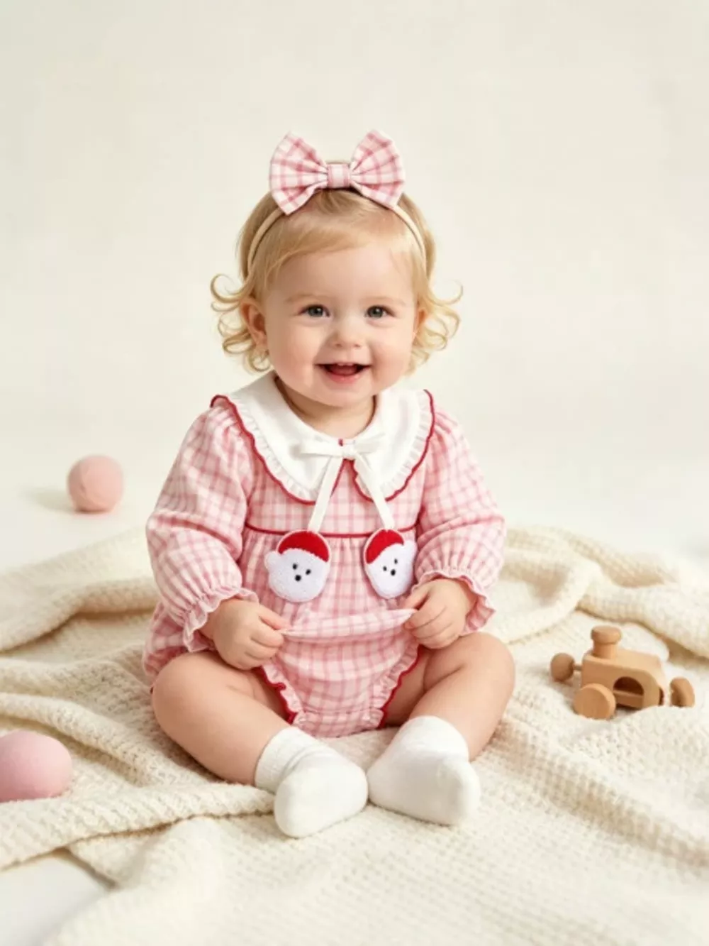Children's Plaid Long-Sleeve Bodysuit and Bow Headband Set, image 3