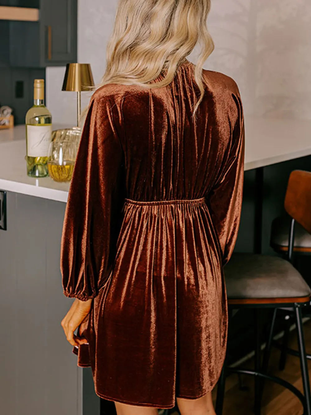 V Neck Puff Sleeve Velvet Dress, image 11