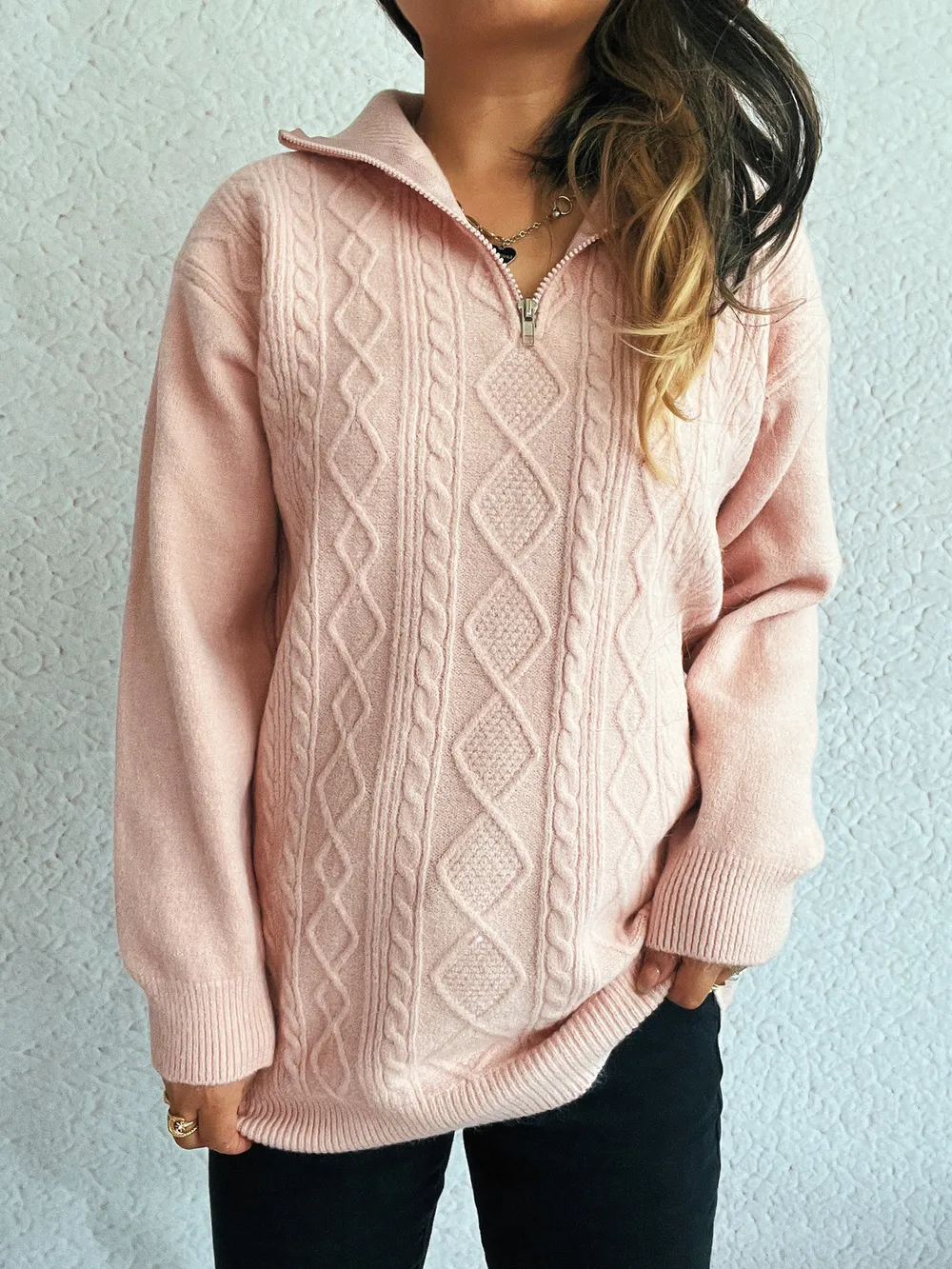Texture Zip Collar Long Sleeve Sweater, image 9