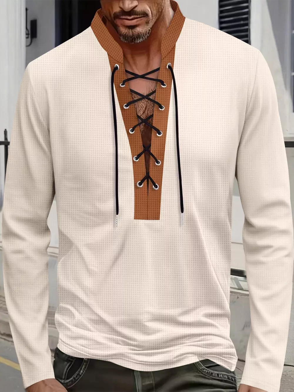 Men's Full Size Vintage Lace-Up Long Sleeve T-Shirt Plus Size, image 8