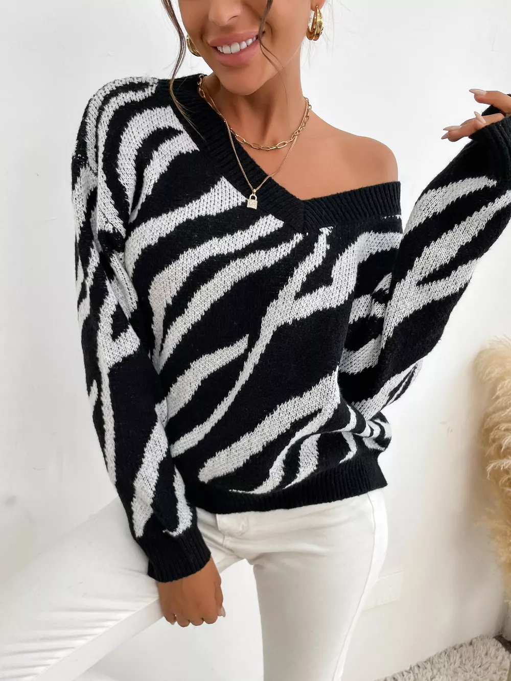 Zebra Print Relaxed Fit Pullover Sweater, image 6