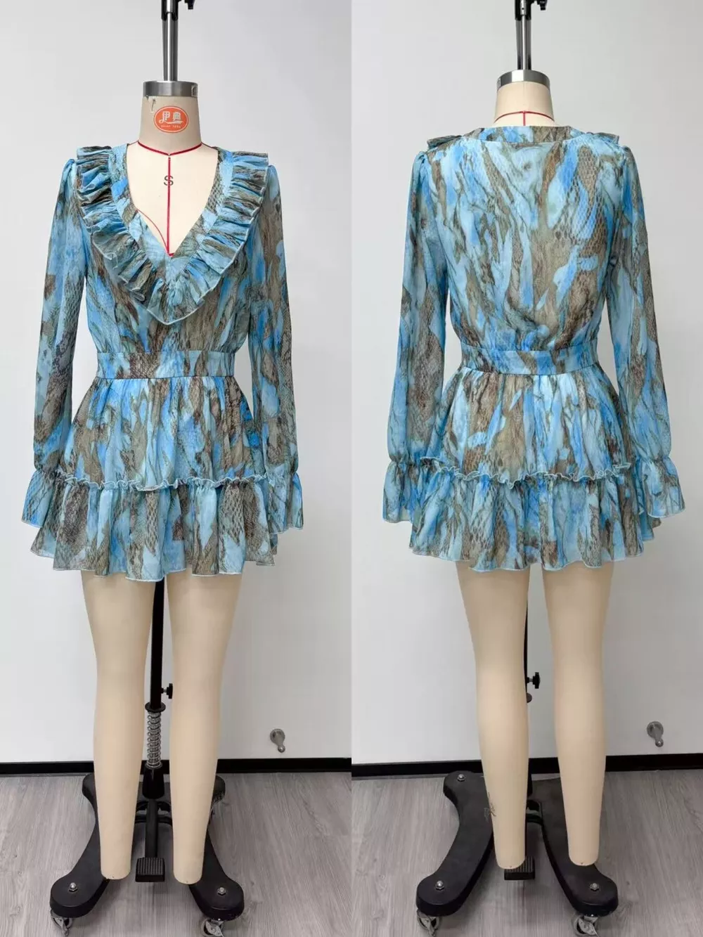 Boho Chic V-Neck Ruffled Long Sleeve Mini Dress, image 4