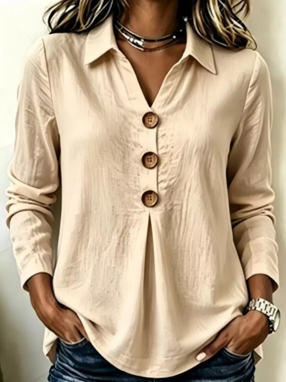 Full Size Button Detail Long Sleeve Blouse Plus Size, image 4