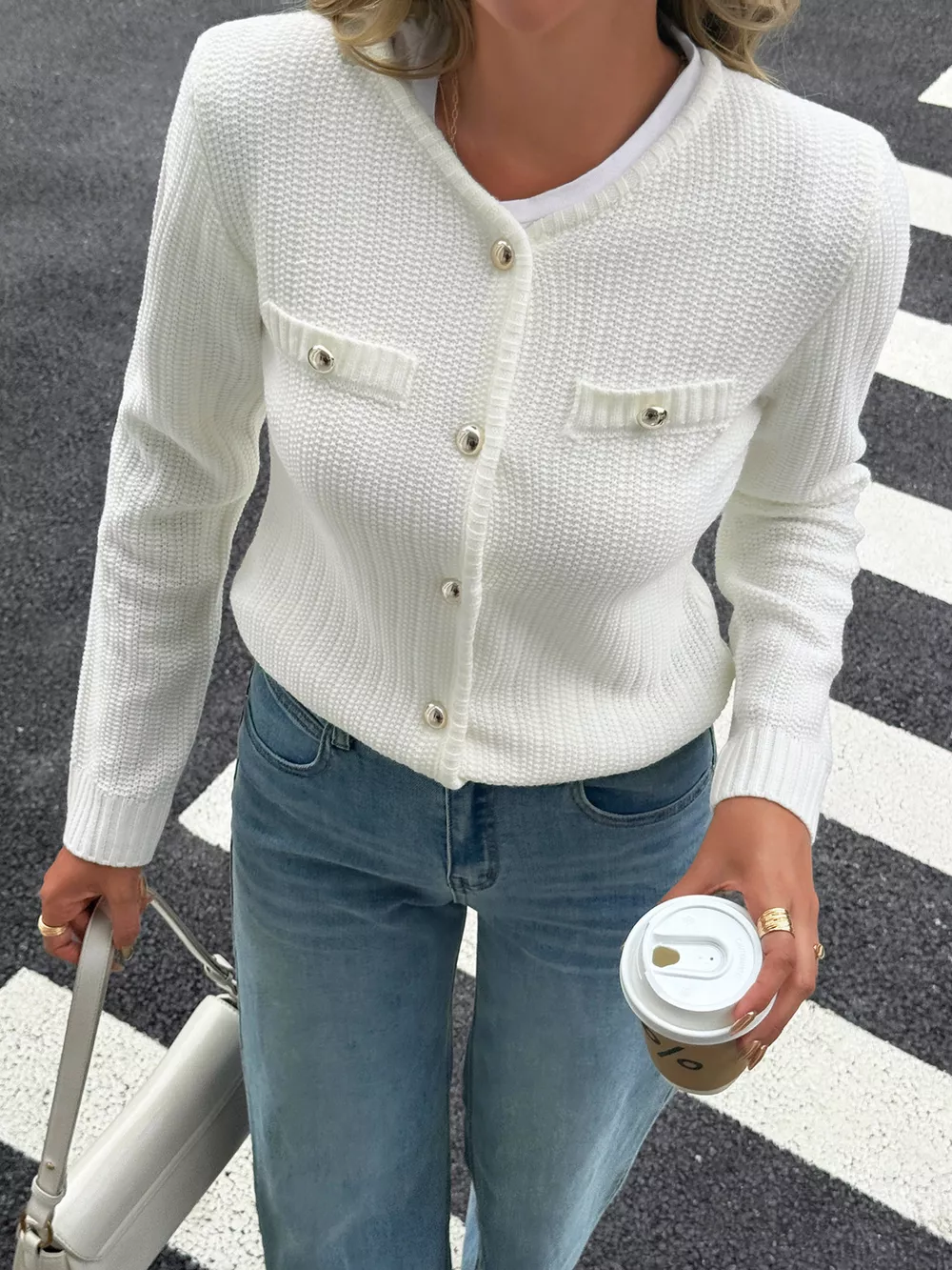 Button-Front Ribbed Long Sleeve Cardigan, image 3