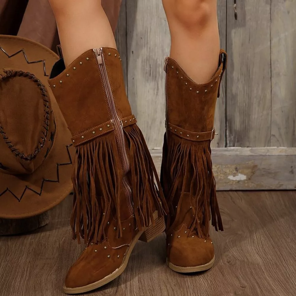 Fringe Point Toe Block Heels Boots, image 11