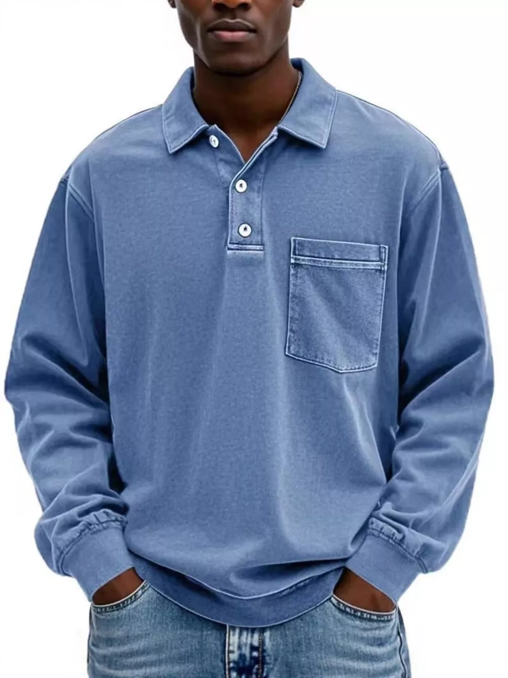 Men's Full Size Vintage Button Detail Long Sleeve Polo Plus Size, image 2