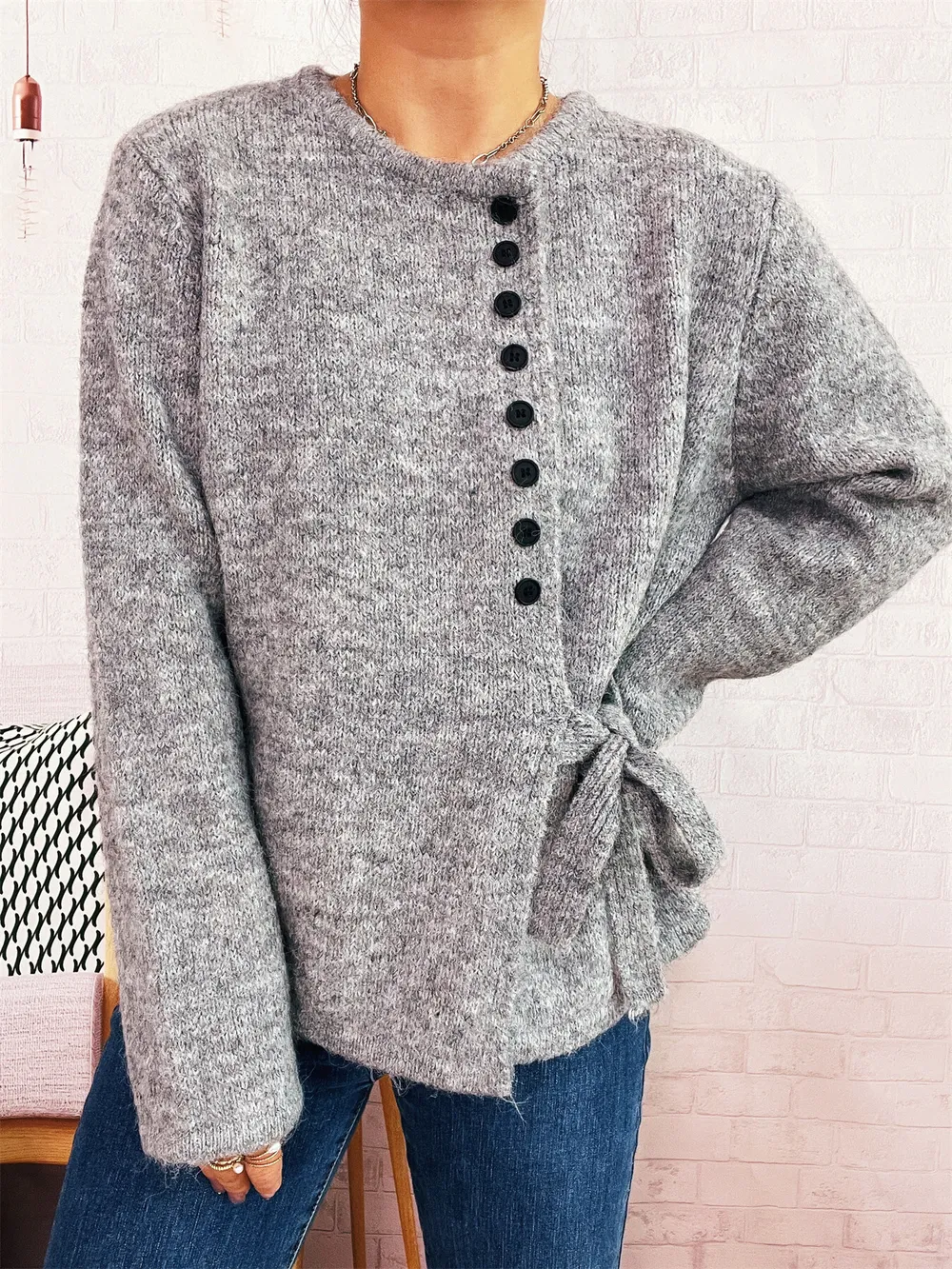 Button-Front Side-Tie Sweater, image 10