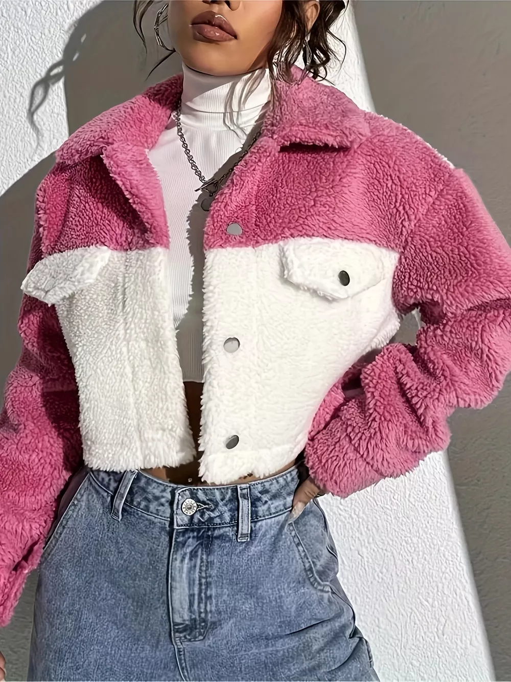 Two-Tone Plush Cropped Jacket, image 5