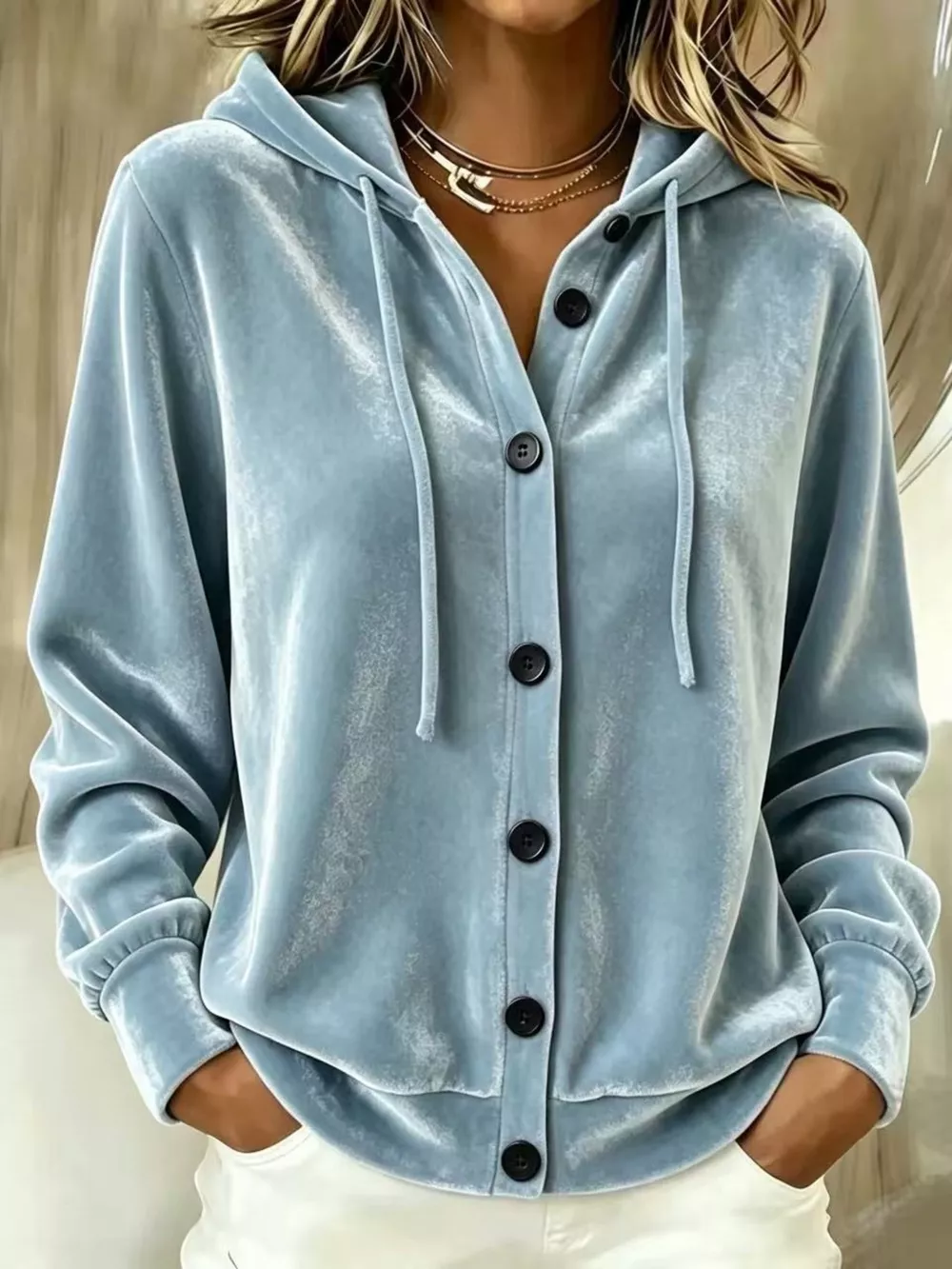 Full Size Velvet Button-Down Hooded Outerwear Plus Size, image 7