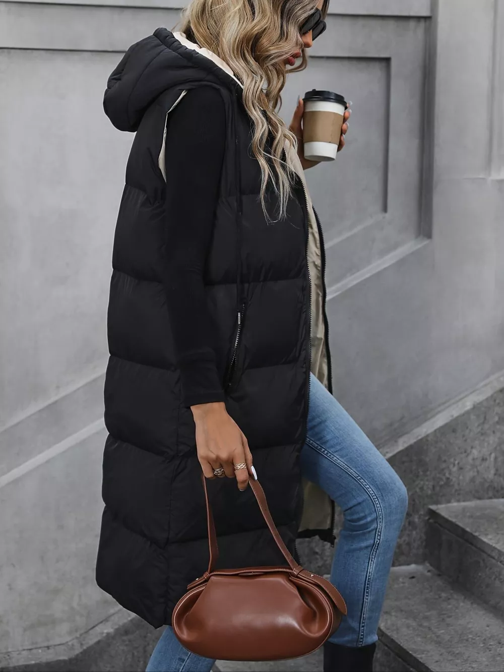 Longline Padded Hooded Vest Coat, image 6