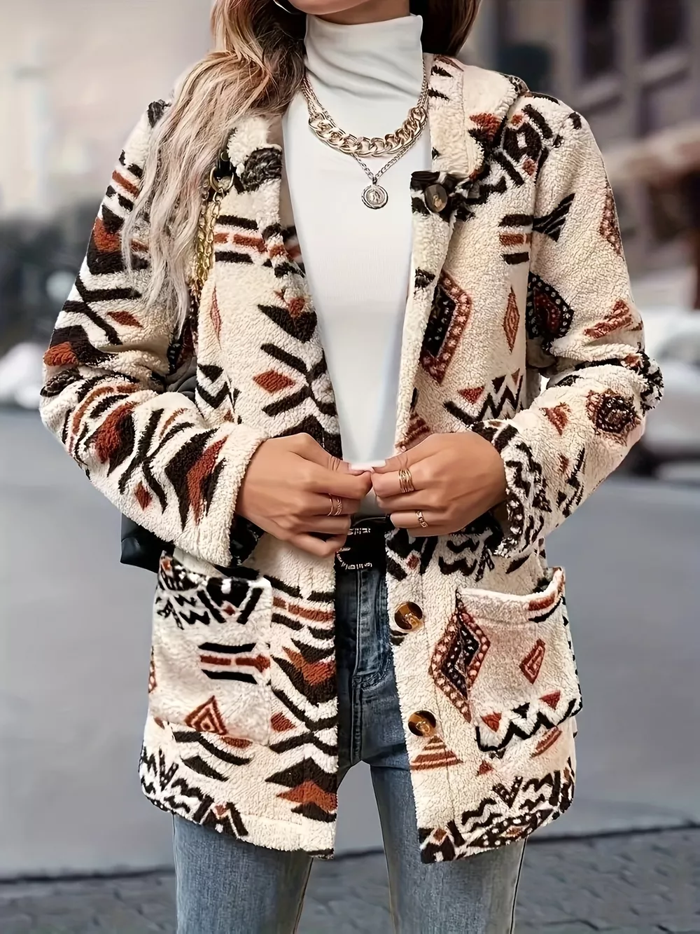 Ethnic Pattern Button-Up Fleece Outerwear, image 3