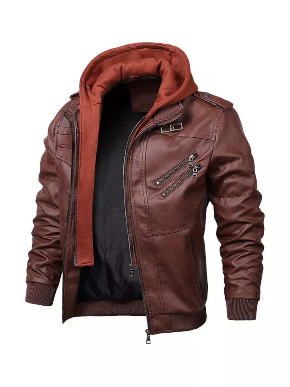 Men's Full Size Hooded Faux Leather Moto Jacket Plus Size, image 4