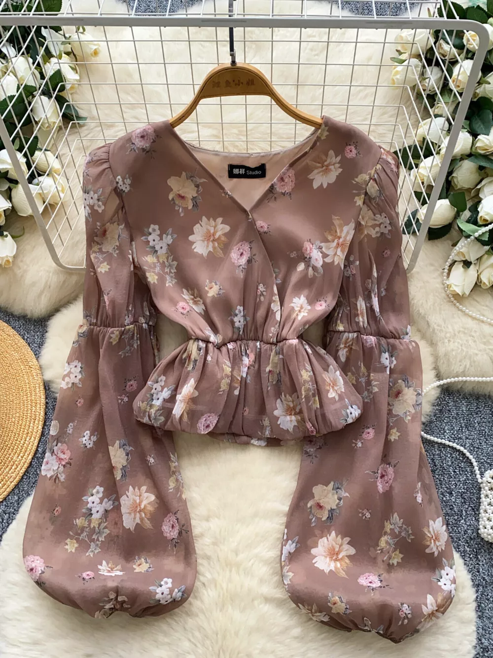 Floral Print Chiffon Balloon Sleeve Blouse, image 8
