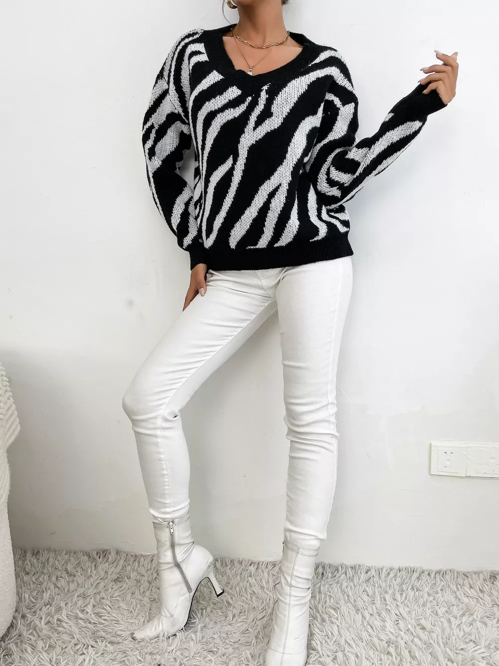 Zebra Print Relaxed Fit Pullover Sweater, image 8