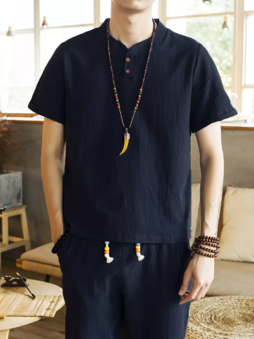 Men's Plus Size Button Detail Short Sleeve Top and Pants Set, image 5