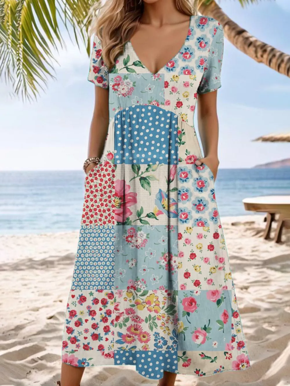 Full Size Floral V-Neck Casual Midi Dress Plus Size, image 2