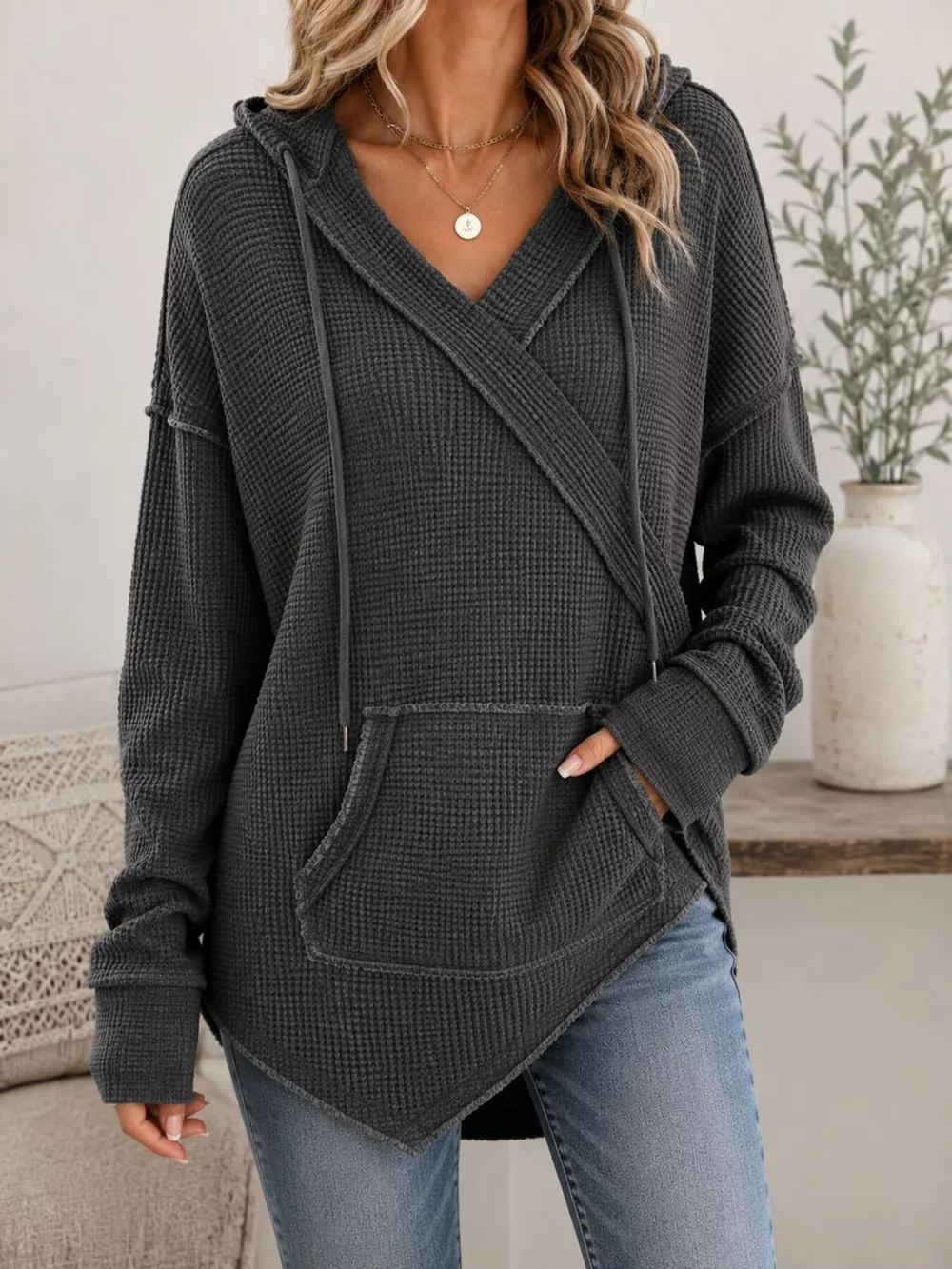 Drawstring Waffle Knit Hoodie, image 10