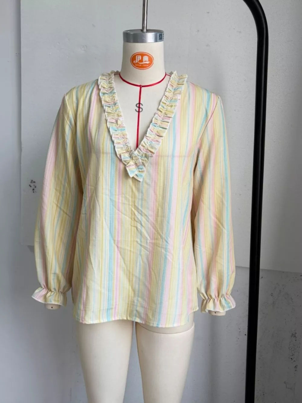 Striped Ruffle-Trim V-Neck Blouse, image 6