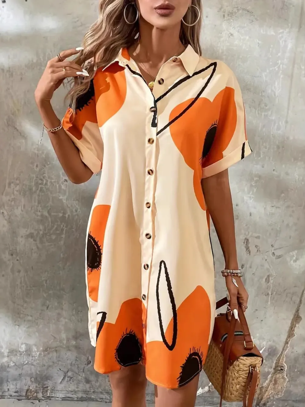 Printed Button-Front Shirt Dress, image 3