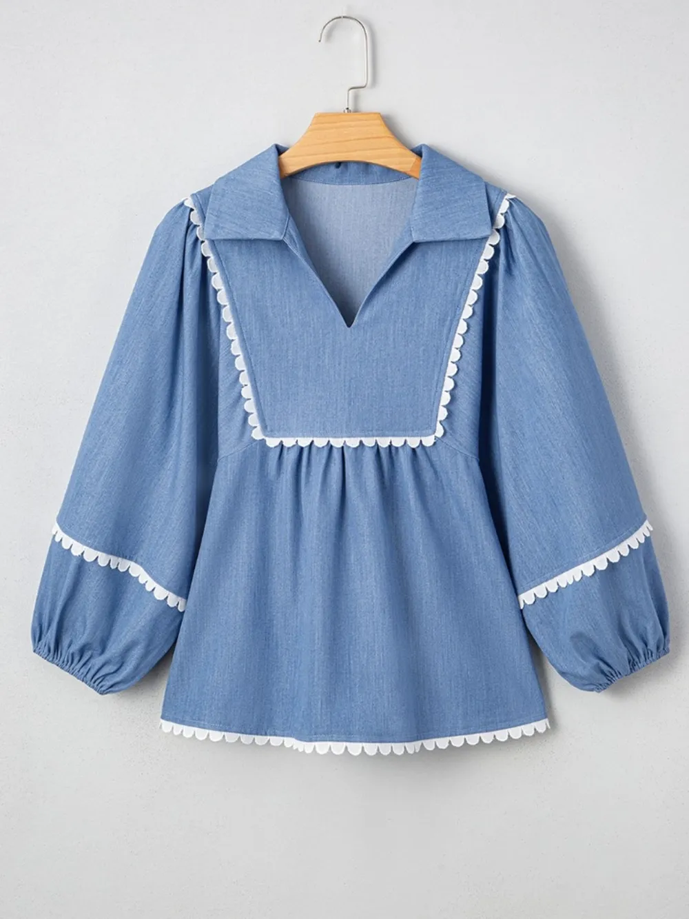 Collared Neck Contrast Trim Balloon Sleeve Blouse, image 8