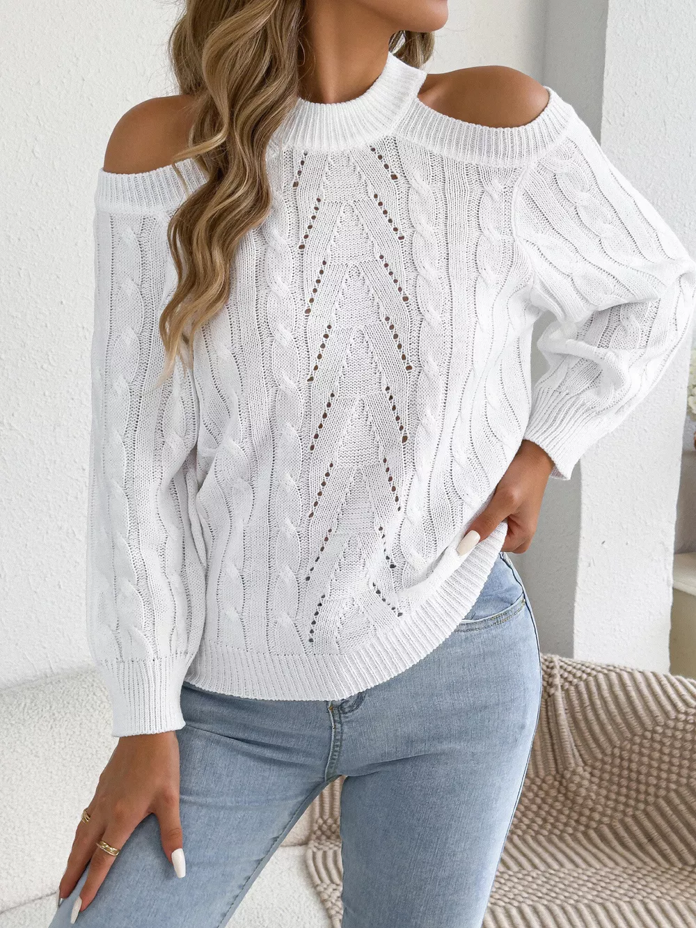 Cold Shoulder Cable Knit Sweater, image 10