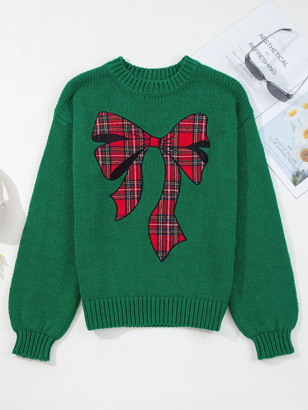 Plaid Bow Graphic Christmas Sweater, image 7