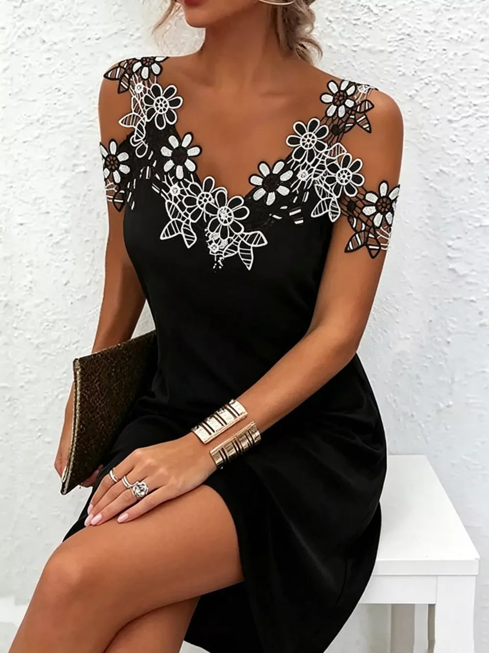 Lace Floral Trim Cold Shoulder Mini Dress, image 2