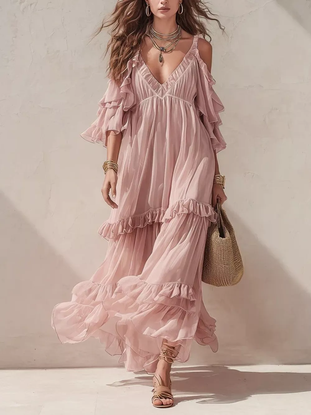Cold-Shoulder Ruffled Maxi Dress