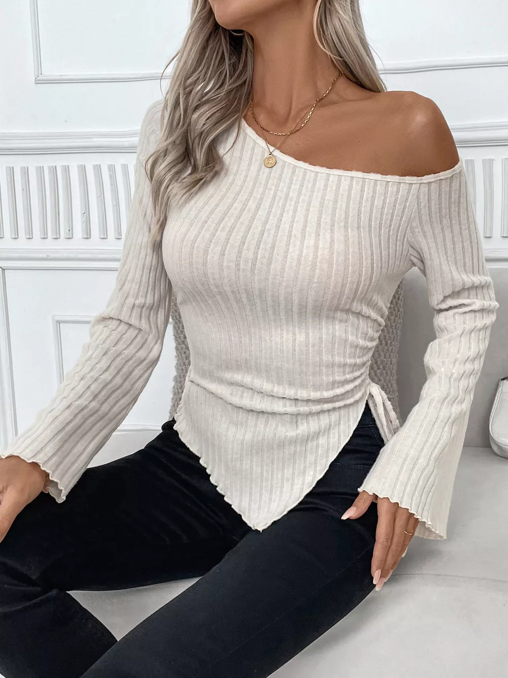 Ribbed One Shoulder Asymmetrical Hem T-Shirt, image 12
