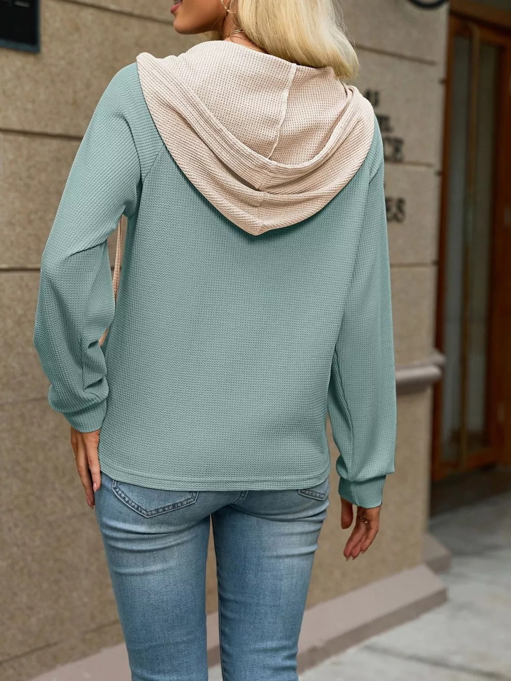 Waffle Knit Henley Hoodie with Contrast Trim, image 23