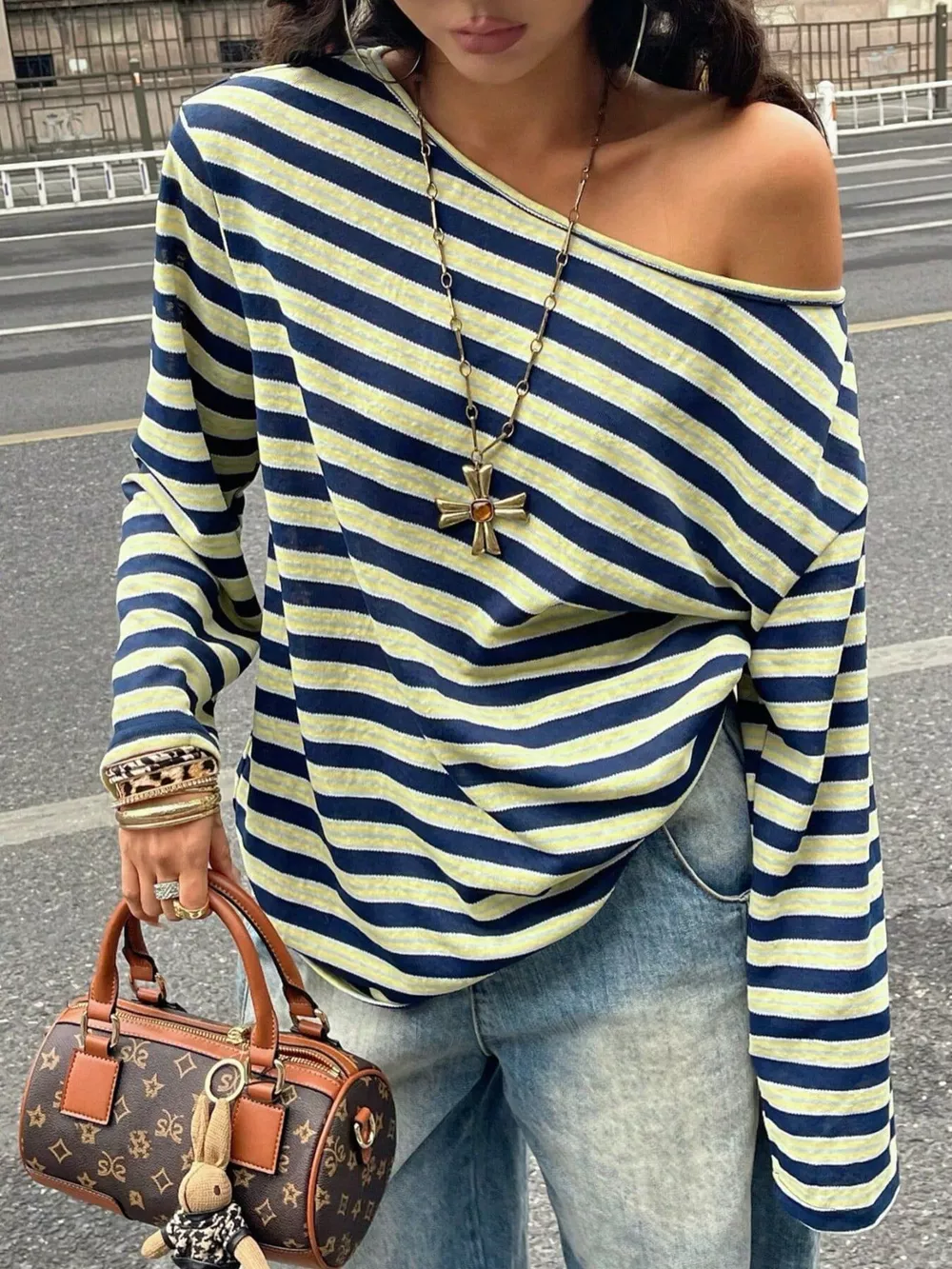 Striped Boat Neck Long Sleeve T-Shirt, image 3