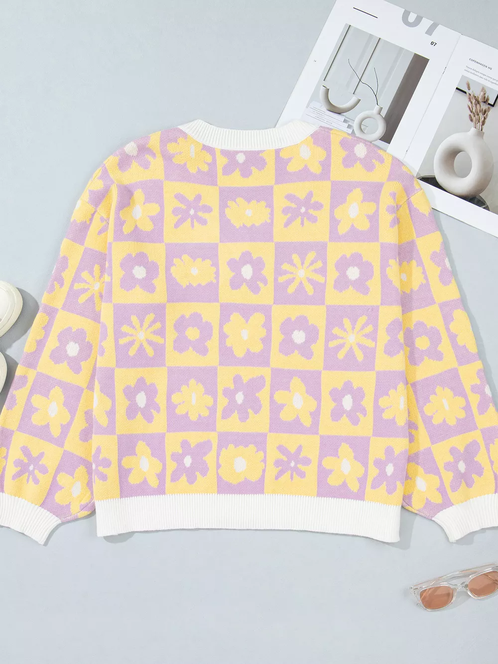 Plus Size Multicolour V Neck Plaid Floral Long Sleeve Sweater, image 4