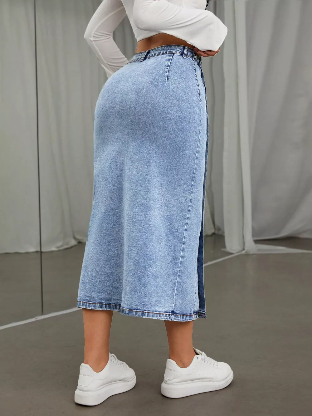 Side Button Slit Denim Midi Skirt, image 5