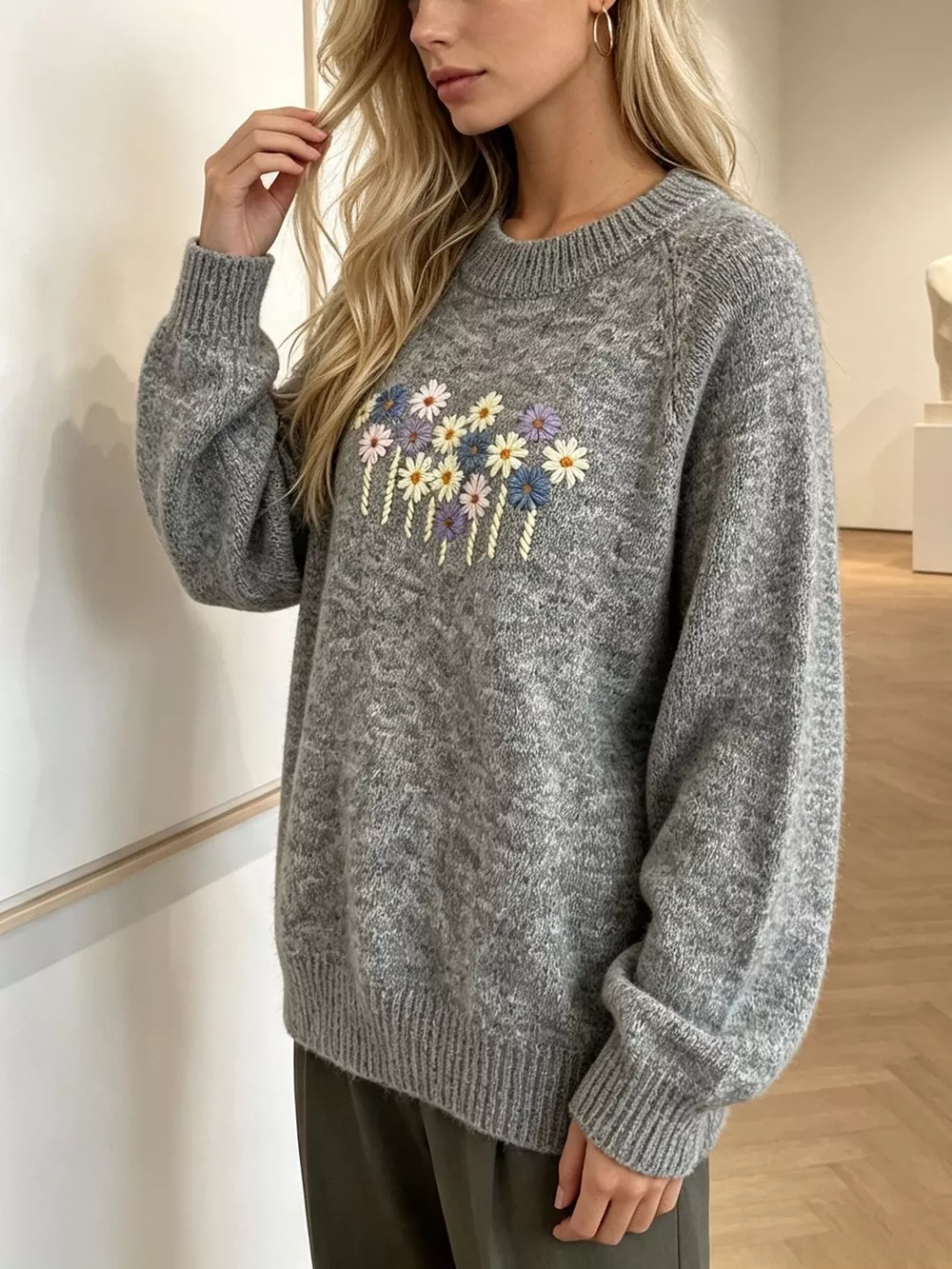 Floral Embroidered Round Neck Sweater, image 18