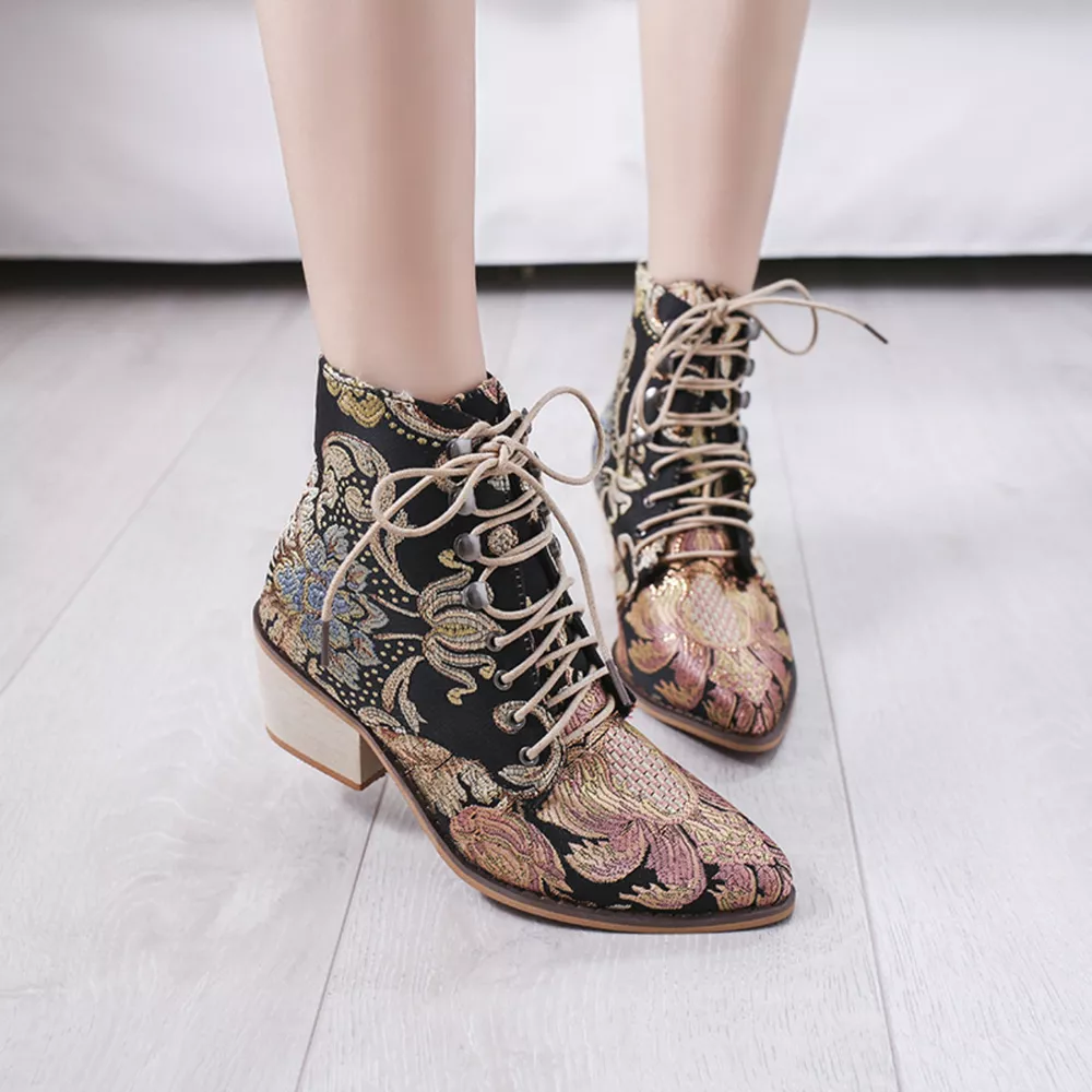 Embroidered Floral Lace-Up Ankle Boots, image 4