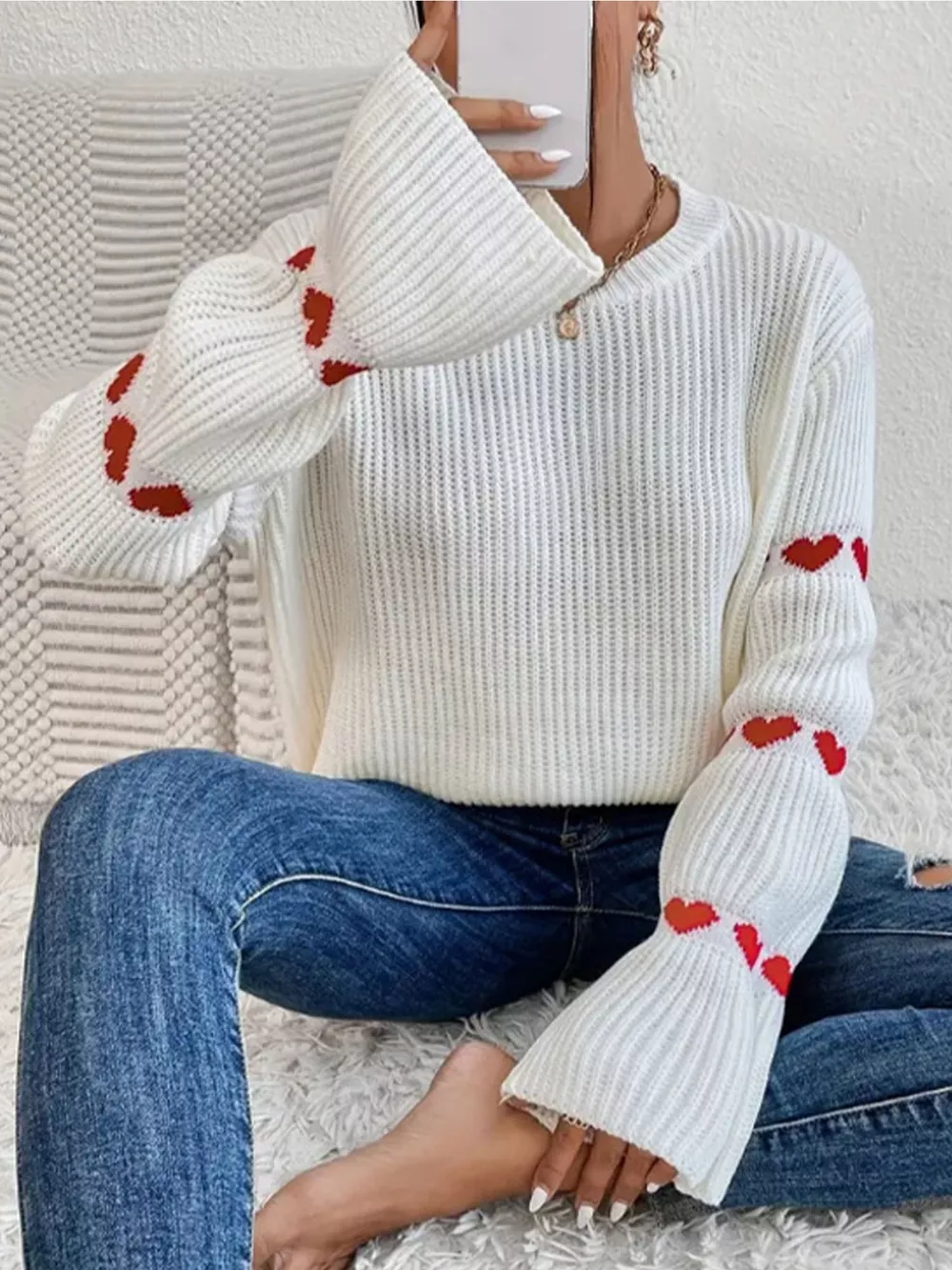 Heart Pattern Dropped Shoulder Sweater, image 4