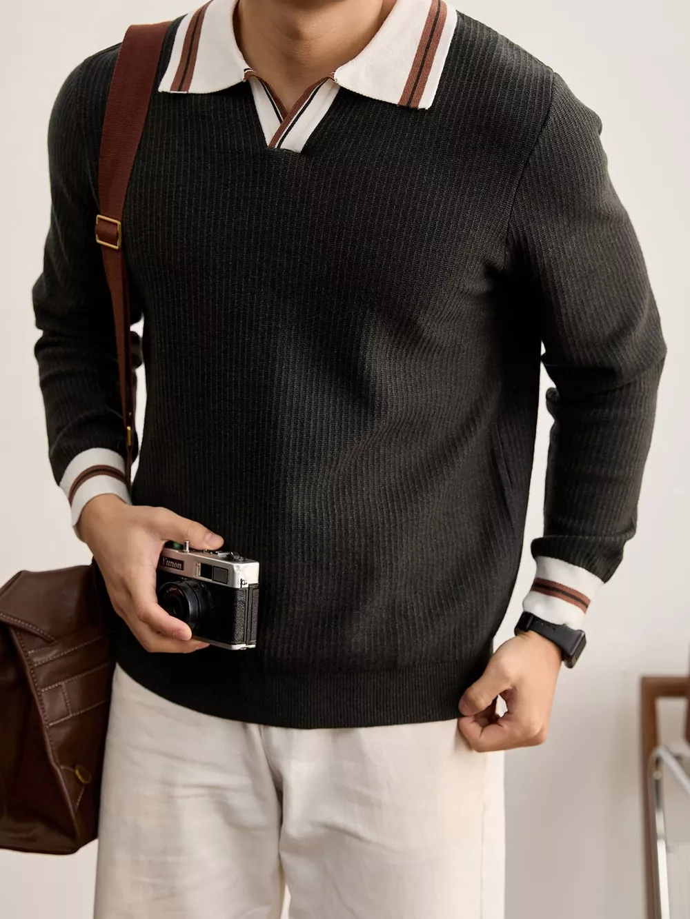 Men's Plus Size Contrast Trim Polo Collar Ribbed Knit Sweater, image 6