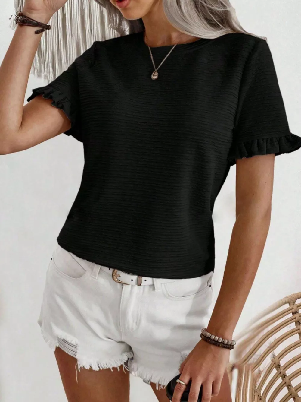 Textured Ruffle Sleeve Round Neck T-Shirt, image 22