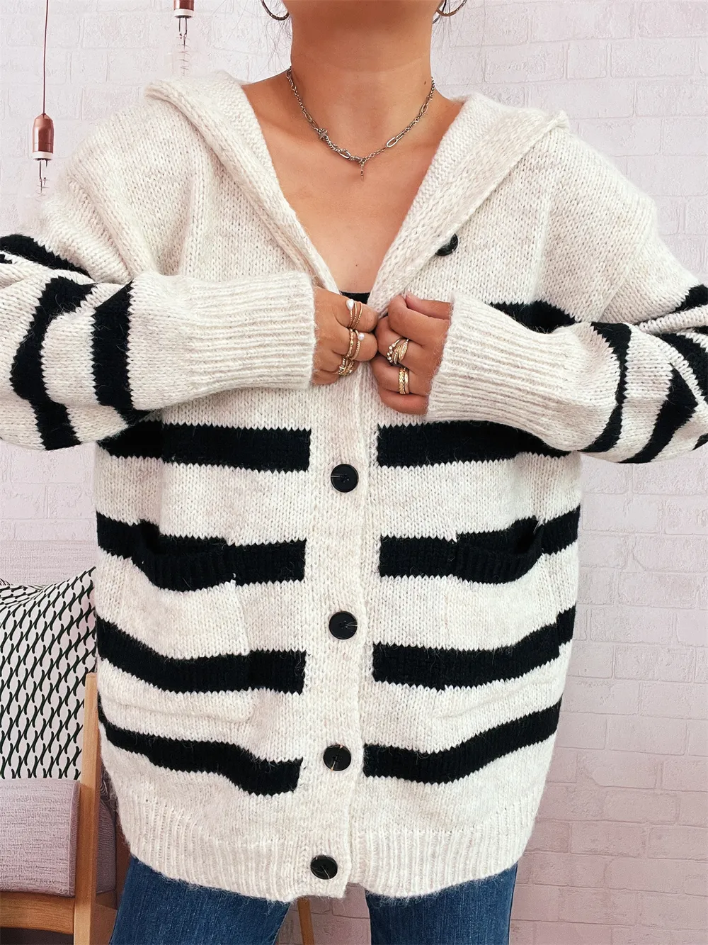 Striped Button-Up Hooded Cardigan, image 6