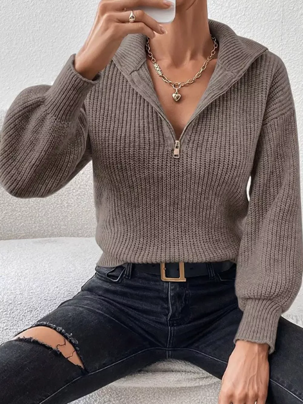 Quarter-Zip Dropped Shoulder Sweater, image 3