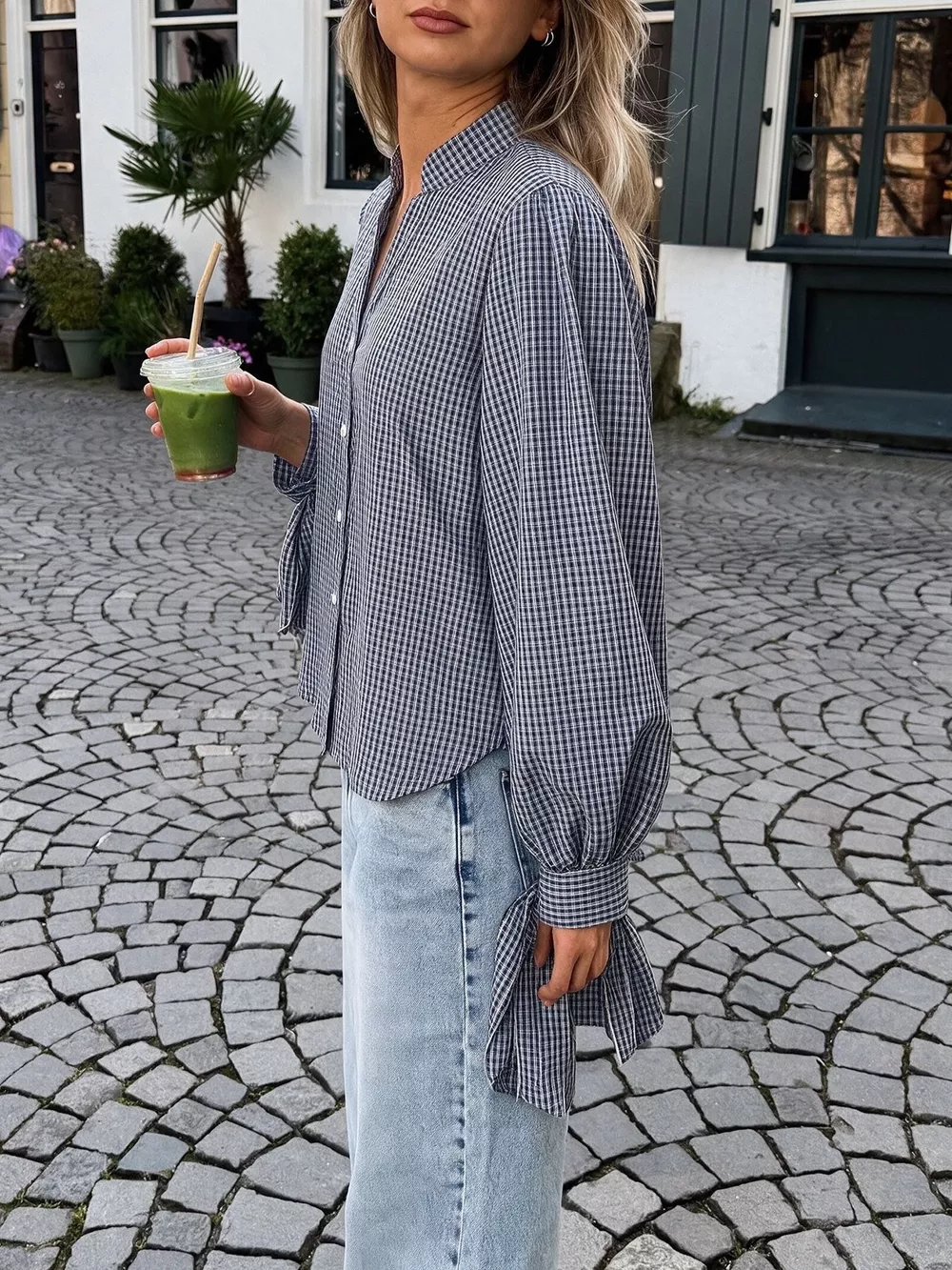 Gingham Button Up Shirt with Tie-Sleeve Detail, image 6