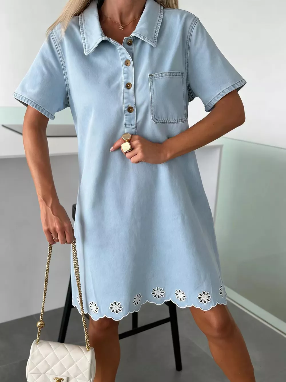 Scalloped Floral Hem Denim Dress, image 2