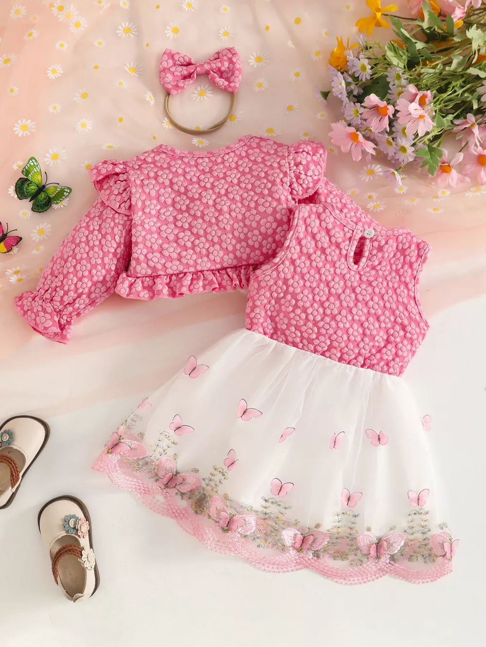 Children's Floral and Butterfly Dress and Cardigan Set with Headband, image 3