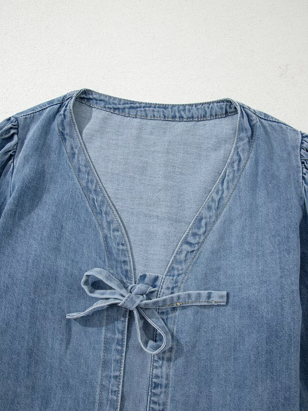Tied Front Puff Sleeve Denim Top, image 4